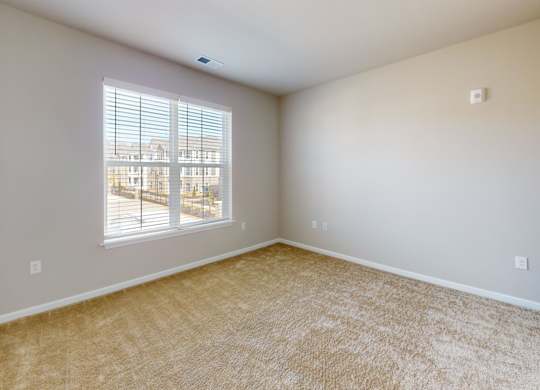 a large bedroom with plush carpet and a large window