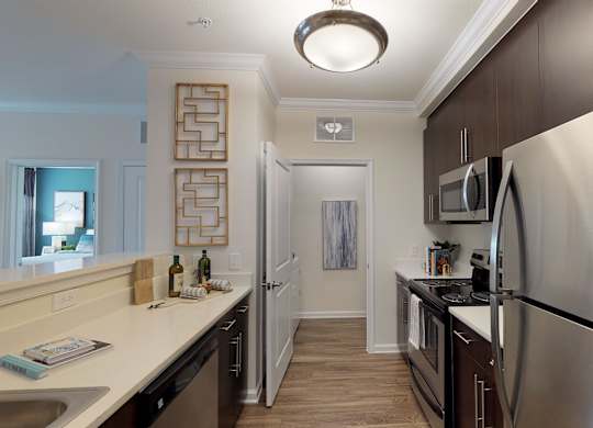 Upgraded kitchen with quartz countertops; wood plank floors; stainless steel appliances; separate laundry room; open to living room