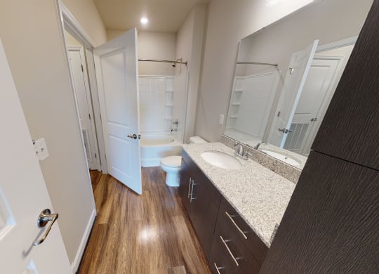 Bathroom with sink, toilet, shower and tub; walk-in closet