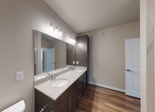 Bathroom with dual sinks, dark cabinets, toilet and walk-in shower