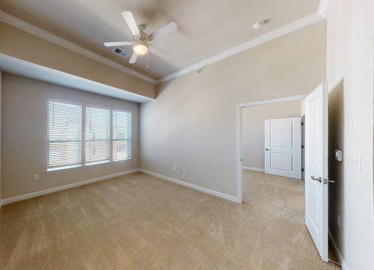 Living room with carpet; ceiling fan; open to ktichen