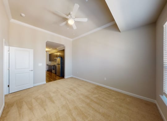Living room with carpet; ceiling fan; open to ktichen