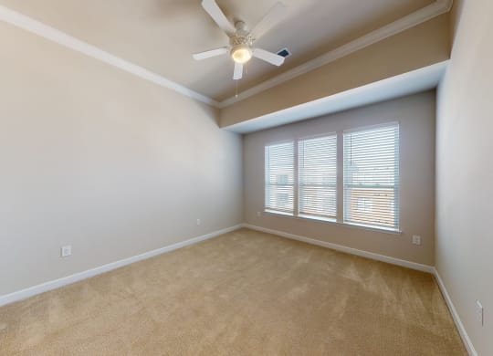 Living room with carpet; ceiling fan; open to ktichen