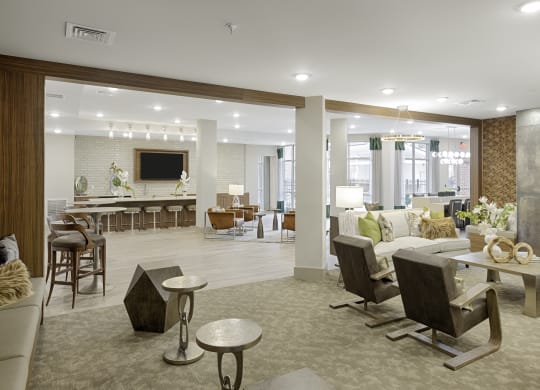Clubhouse with kitchen, seating, fireplace and lounge areas