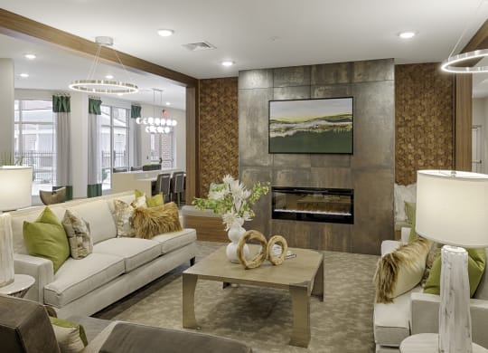 Clubhouse with seating and fireplace; flat screen TV
