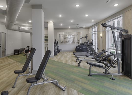 Fitness center with cardio and resistance training equipment; free weights
