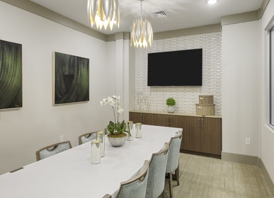 Conference and meeting room inclubhouse with long table, chairs and TV