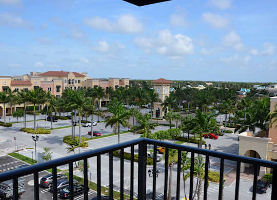 A view from a balcony overlooking a parking lot surrounded by palm trees.