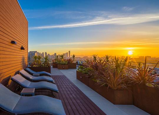 A sunset view from a rooftop terrace with lounge chairs and plants.