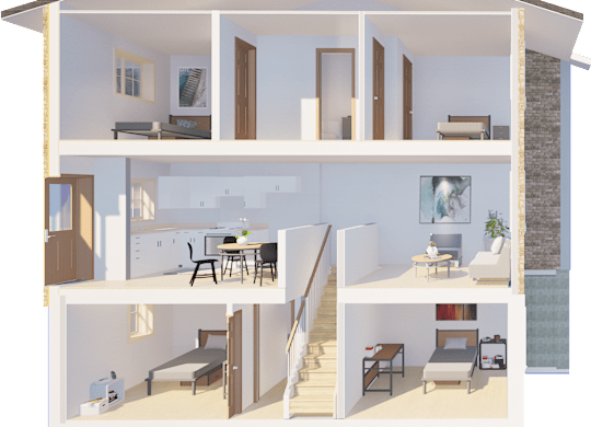 A 3D rendered image of a modern house interior.