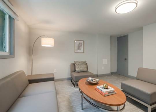 A living room with a grey couch, a wooden coffee table, and a lamp.