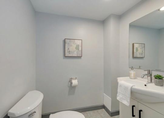 A bathroom with a toilet, sink, and mirror.