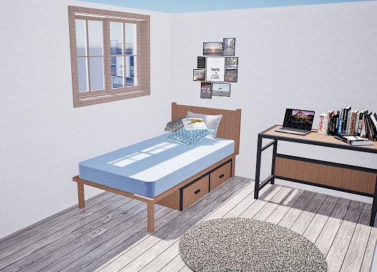 A bedroom with a bed, desk, and pictures on the wall.