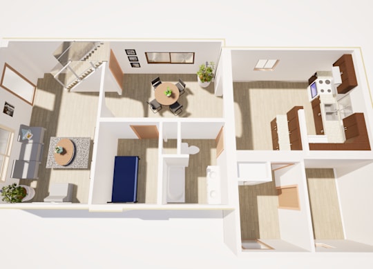 A 3D floor plan of a house with a kitchen, living room, and bedrooms.