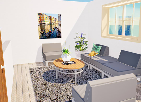 A living room with a grey couch, a coffee table, and a painting on the wall.