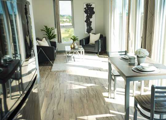 a living room and dining room with a table and chairs