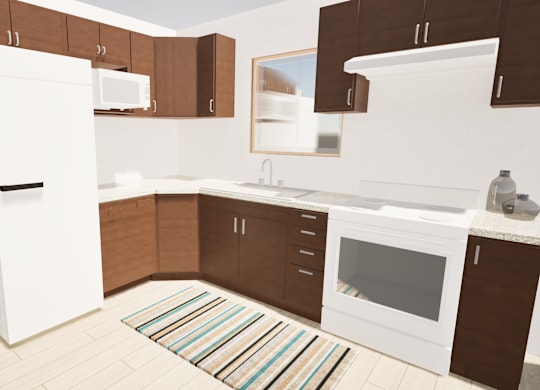A kitchen with white appliances and brown cabinets.