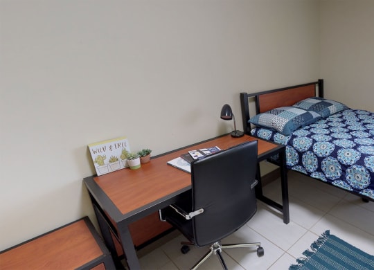 a bedroom with a desk and a bed