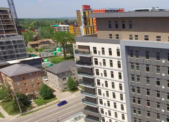 an aerial view of a large building in a city