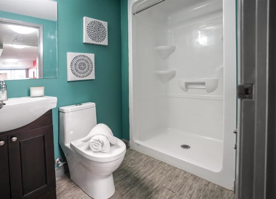 a bathroom with a shower and a toilet and a sink