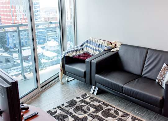 a living room with a black leather couch and a rug