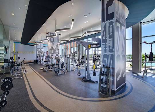 a gym with weights and cardio equipment in aria resort and spa