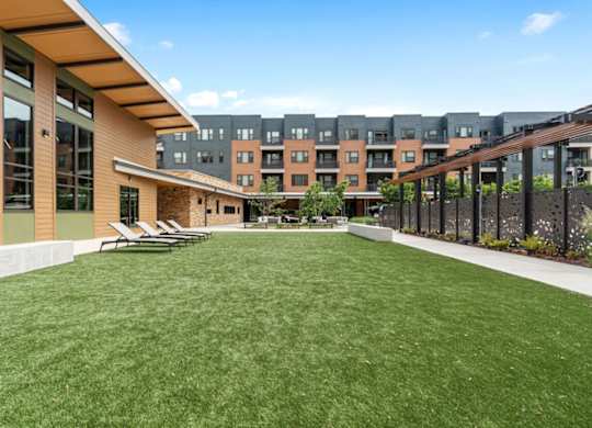a yard with lawn chairs and a building in the background