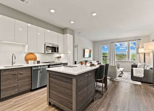 a kitchen with an island in the middle