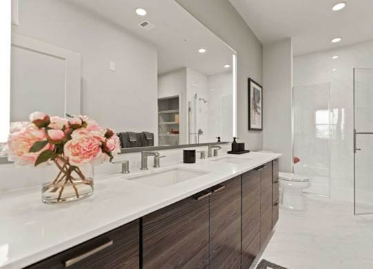 a bathroom with a sink and a mirror and a shower