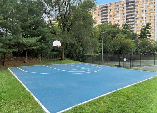 A basketball court surrounded by trees and a tall building in the background.