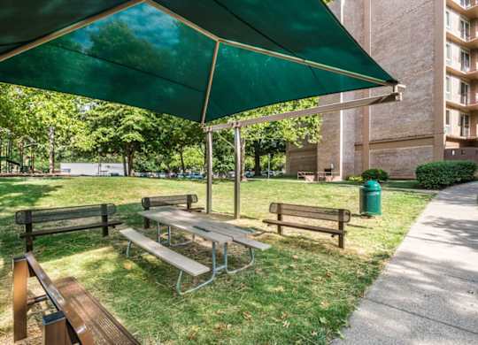 A green umbrella provides shade over a picnic table in a park.