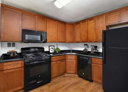 A kitchen with black appliances and wooden cabinets.