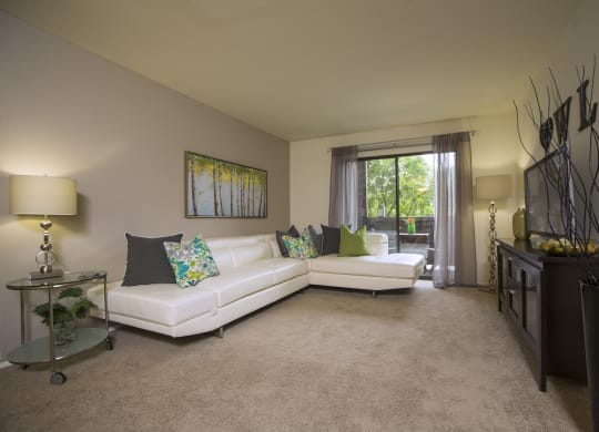 Spacious living room that accommodates large furniture at Woodland Villa Apartments in Westland, MI