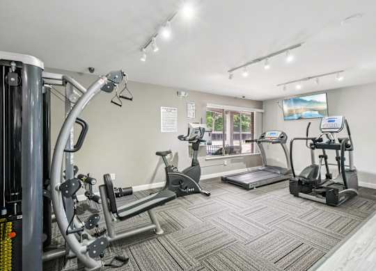 State-of-the-art 24/7 Fitness Center at Drawbridge Apartments in Harrison Township, MI.