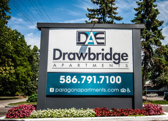 Drawbridge Signage at Drawbridge Apartments East at Harrison Township, Michigan