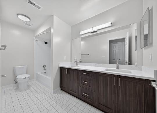 Modern bathroom with tub at Franklin River Apartments in Southfield, MI.