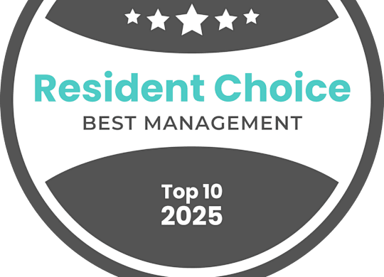 A badge-like graphic with the text "opinion Resident Choice BEST MANAGEMENT Top 10 2025".