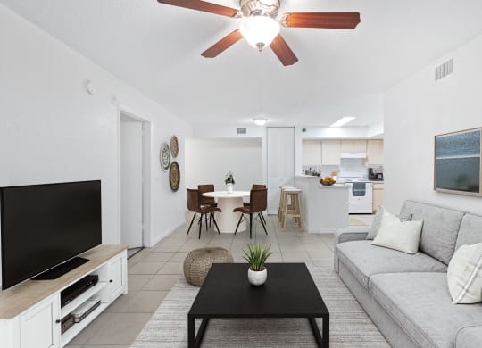 a living room with a couch and a table