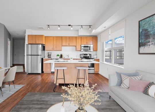 Model Kitchen and living at 1500 Nicollet Apartment Homes, Minneapolis, Minnesota