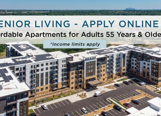 Dominium_Bren Road Station_Aerial  Exterior at Bren Road Station 55+ Apartments, Minnetonka, MN_With Affordable and Senior Housing Banner Text