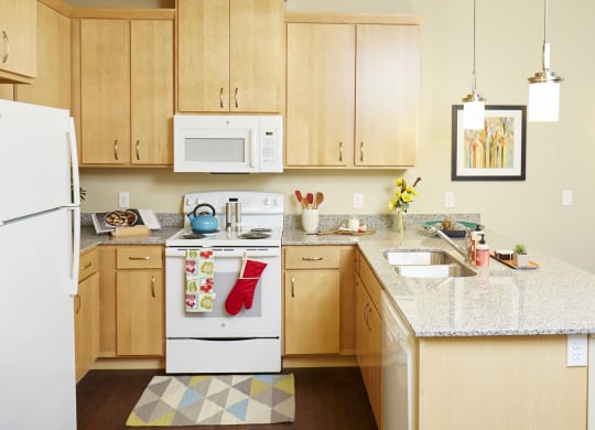 Dominium-Cambric- a kitchen with wooden cabinets and a granite countertop