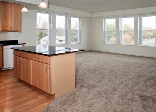 Living Room With Kitchen at The Cavanagh 55+ Apartments, Crystal Minnesota