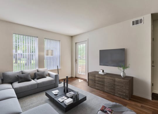 Living Room With TV at Lakecrest Village, Houston, TX 77078