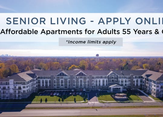 Exterior at The Legends of Spring Lake Park 55+ Living, Minnesota, 55432 with Senior & Affordable Banner Text
