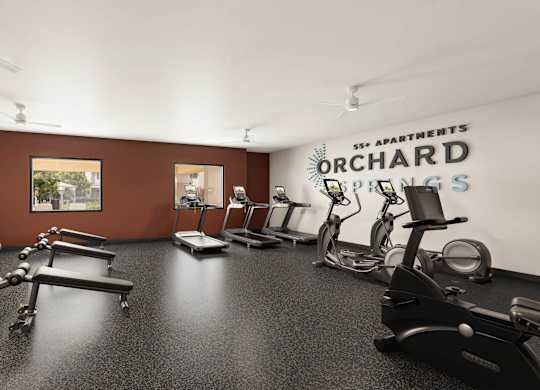 A gym room with a variety of equipment including treadmills, stationary bikes, and weight machines at Orchard Springs 55+ Apartment , Surprise, Arizona