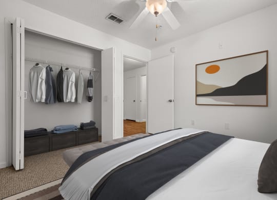 a bedroom with a large bed and a closet