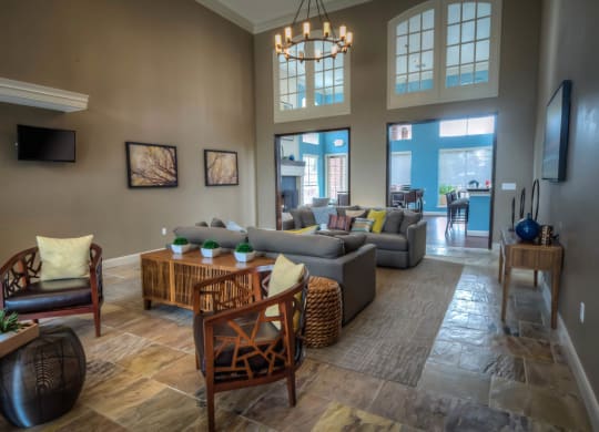 Community Room with gray couch at Villa Springs, Houston, TX