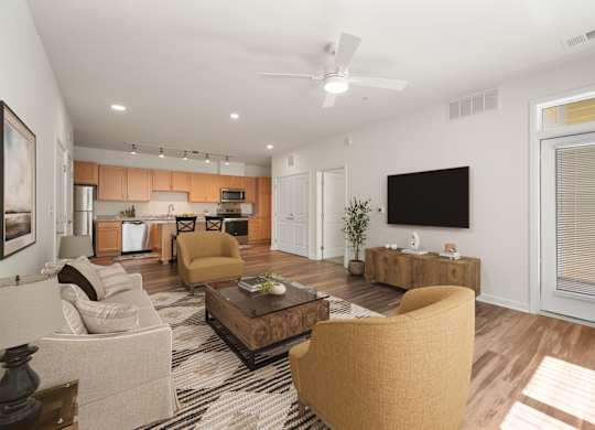 Living room with couch at Creekridge on the Park Apartments, Charlotte, NC