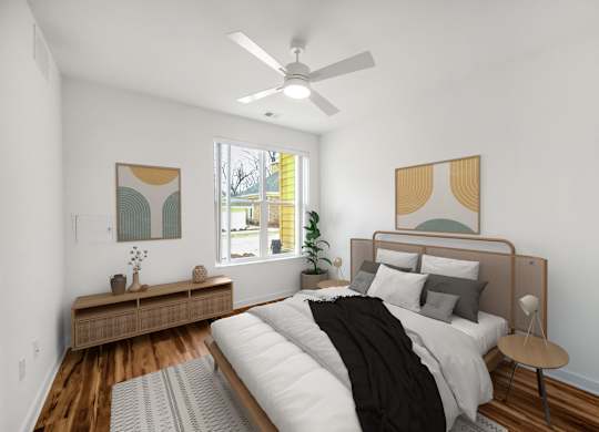 Bedroom With Ceiling Fan at Creekridge on The Park, Charlotte, NC