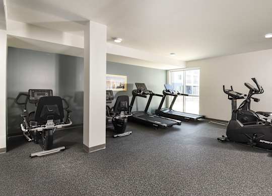 A spacious gym with a row of treadmills and elliptical machines.